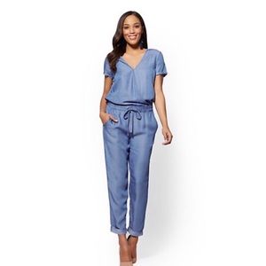 🆕 {NY&co} Denim V-neck‎ Wrap Jumpsuit 🌼
